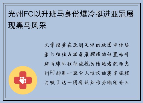 光州FC以升班马身份爆冷挺进亚冠展现黑马风采