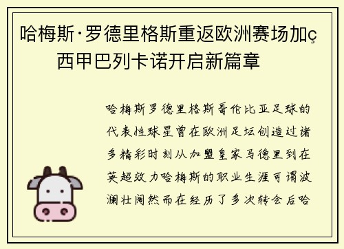 哈梅斯·罗德里格斯重返欧洲赛场加盟西甲巴列卡诺开启新篇章