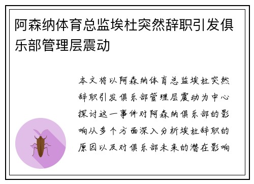 阿森纳体育总监埃杜突然辞职引发俱乐部管理层震动 阿森纳体育总监埃杜突然辞职引发俱乐部管理层震动