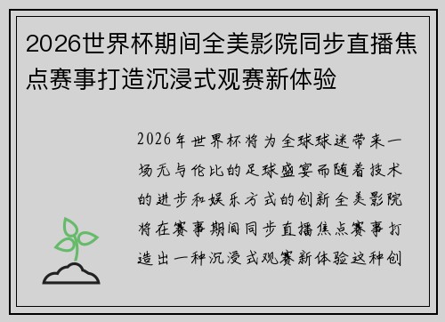2026世界杯期间全美影院同步直播焦点赛事打造沉浸式观赛新体验 2026世界杯期间全美影院同步直播焦点赛事打造沉浸式观赛新体验