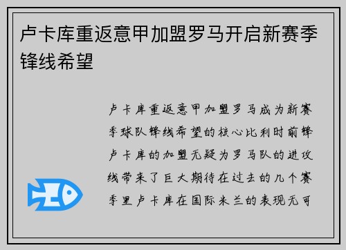 卢卡库重返意甲加盟罗马开启新赛季锋线希望