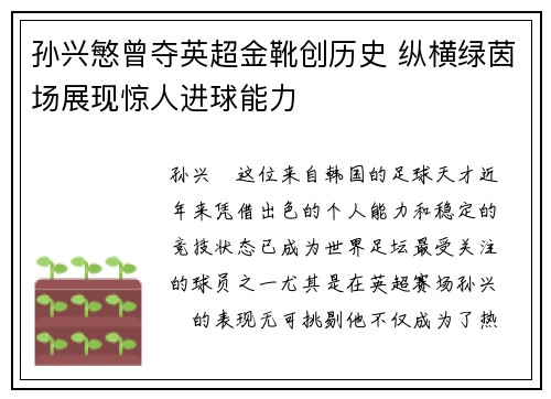 孙兴慜曾夺英超金靴创历史 纵横绿茵场展现惊人进球能力 孙兴慜曾夺英超金靴创历史 纵横绿茵场展现惊人进球能力