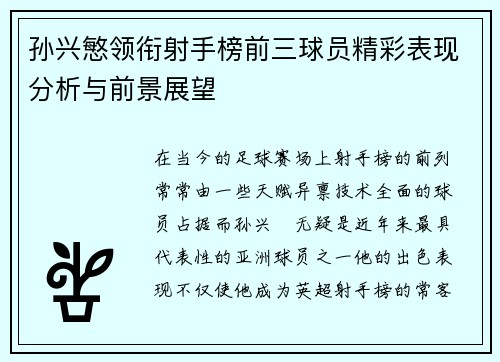 孙兴慜领衔射手榜前三球员精彩表现分析与前景展望